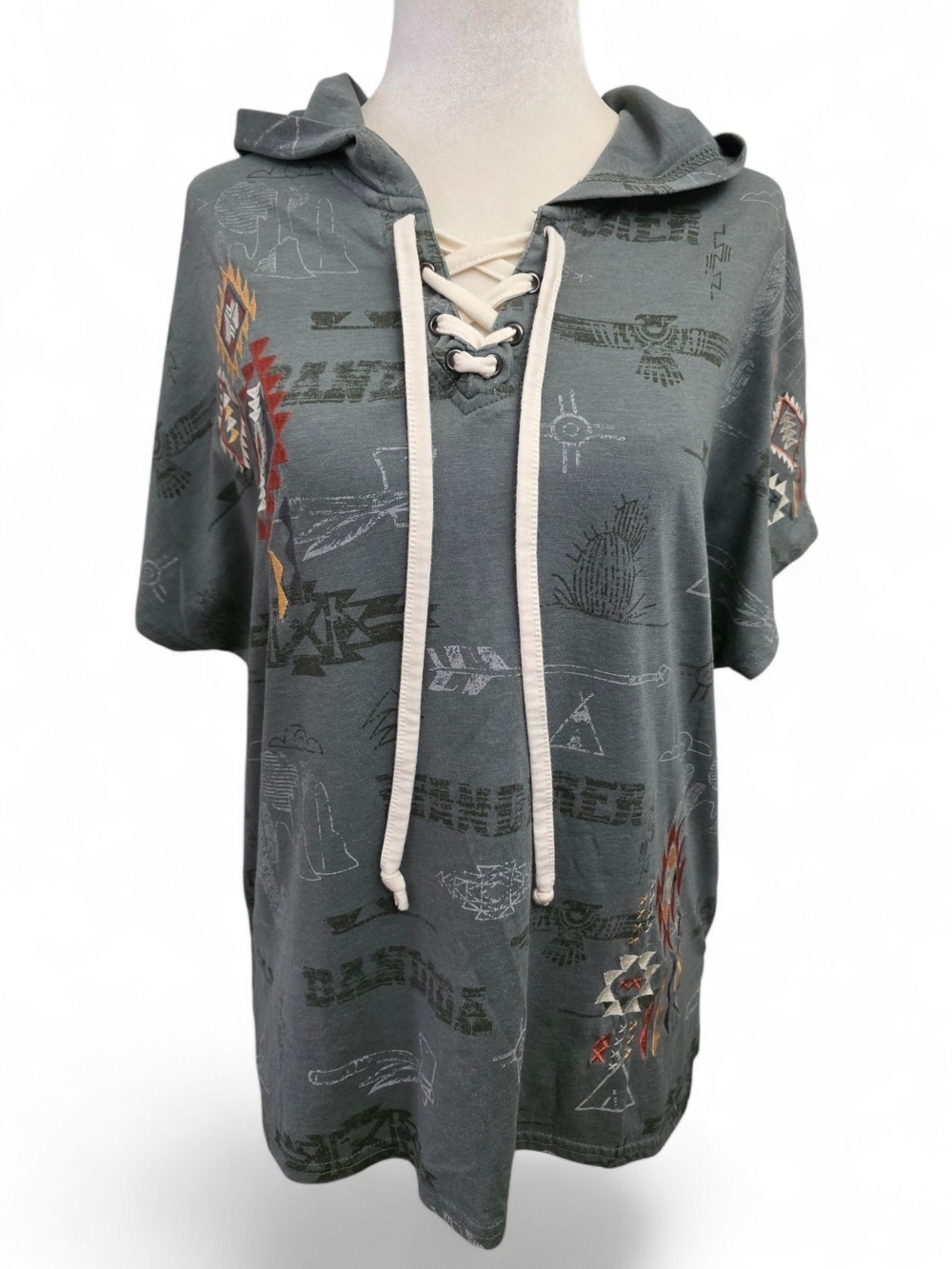 Panhandle Hooded Short Sleeve Top in Slate Gray with Native-Inspired Accents